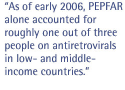 As of early 2006, PEPFAR alone accounted for roughly one out of three people on antiretrovirals in low- and middle-income countries.