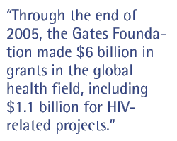 Through the end of 2005, the Gates Foundation made $6 billion in grants in the global health field, including $1.1 billion for HIV-related projects.