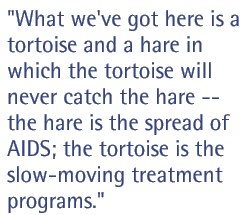 What we've got here is a tortoise and a hare in which the tortoise will never catch the hare -- the hare is the spread of AIDS; the tortoise is the slow-moving treatment programs.