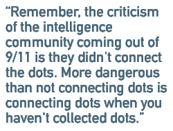 Remember, the criticism of the intelligence community coming out of 9/11 is they didn't connect the dots. More dangerous than not connecting dots is connecting dots when you haven't collected dots.