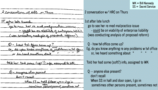 2 conversation w/ HRC on Thurs

1st after late lunch
    go to see her re med malpractice issue
        - could be on viability of enterprise liability
    (was conducting analysis of proposed reform)

    Q - how tv office come up?
    Eg. do you know anything re any problems w tvl office
          or, Ive heard something about   