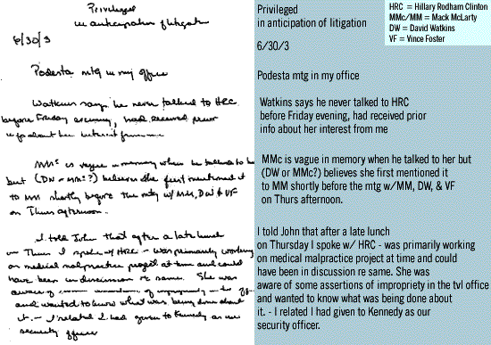 Podesta mtg in my office:

Watkins says he never talked to HRC before Friday evening, had received prior info about her interest from me

MMc is vague in memory when he talked to her but (DW or MMC) beleives she first mentioned it to MM shortly before the mtg w/MM, DW, & VF on Thurs afternoon.

I told John that after a late lunch on Thursday I spoke w/ HRC - was primarily workin gon medical malpracticeproject at time abd could have been in discussion re same. She was aware of soem assertions of impropriety inthe tvl officeand wanted to know what was being done aboiut it. - I related I had given to Kennedy as our security officer.
I related I had a leter discussion on Thurs (evening) also mey have included health care in which I advised her outside auditors were being used and probably told her they would start Friday morning.
