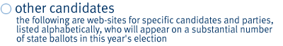 other candidates: The following are web-sites for specific candidates and parties, listed alphabetically, who will appear on a substantial number of state ballots in this year's election