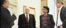 photo of bush in the oval office with vp cheney, condoleeza rice and george tenet