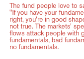 The fund people love to say, 'If you have your fundamentals right, you're in good shape.' It's not true. The markets' speculative flows attack people with good fundamentals, bad fundamentals, no fundamentals. 