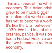 This is a crisis of the whole world economy. This Asian crisis, which grew to be much bigger, is really a reflection of a world economy that has yet to become a world economy. It's like the U.S. between 1860 and 1930. We had lots of stock market crashes, panics. It was only until we had a Federal Reserve and a SEC that we became a really solid national economy. 