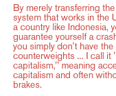 By merely transferring the same system that works in the U.S. to a country like Indonesia, you guarantee yourself a crash, because you simply don't have the counterweights ... I call it 'turbo-capitalism,' meaning accelerated capitalism and often without the brakes. 