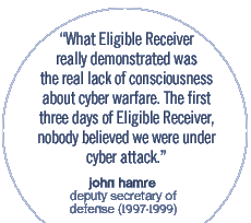 What Eligible Receiver really demonstrated was  the real lack of consciousness about cyber warfare. The first three days of Eligible Receiver, nobody believed we were under  cyber attack.