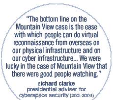 The bottom line on the Mountain View case is the ease with which people can do virtual reconnaissance from overseas on our physical infrastructure and on our cyber infrastructure... We were lucky in the case of Mountain View that there were good people watching.