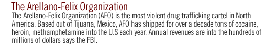 The Arellano-Felix Organization: The  Arrellano-Felix Organization (AFO) is the most violent drug trafficking cartel in North America. Based out of Tijuana, Mexico, AFO has shipped for over a decade tons of cocaine, heroin, methamphetamine into the U.S each year.  Annual revenues are into the hundreds of millions of dollars says the FBI.