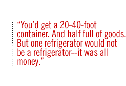 Youd get a 20-40-foot container. And half full of goods.  But one refrigerator would not be a refrigerator--it was all money.