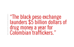 The black peso exchange launders $5 billion dollars of drug money a year for  Colombian traffickers.