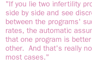 If you lie two infertility programs side by side and  see discrepancy between the programs' success rates, the automatic assumption is that one program is better than the other.  And that's really not true in most cases.