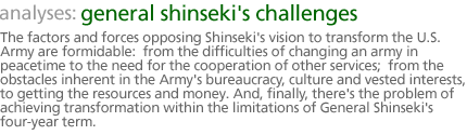 analyses: general shinseki's challenges: The factors and forces opposing Shinseki's vision to transform the U.S. Army are formidable:  from the difficulties of changing an army in peacetime to the need for the cooperation of other services;  from the obstacles inherent in theArmy's bureaucracy, culture and   vested interests, to getting the resources band money. And, finally, there's the problem of achieving transformation within the limitations of General Shinseki's four-year term.