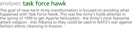 analyses: task force hawk: The goal of near-term Army transformation is focused on avoiding what happened with Task Force Hawk. This was the Army's futile attempt in the spring of 1999 to get  Apache helicopters--the Army's most fearsome attack weapon--into Albania so they could be used in NATO's war against Serbia's ethnic cleansing in Kosovo.