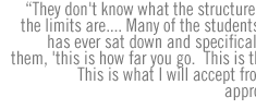 They don't know what the structure is,  what the limits are.  ... Many of the students--no one has ever sat down and specifically said to them, 'this is how far you go.  This is the limits. This is what I will accept from you as appropriate.' 