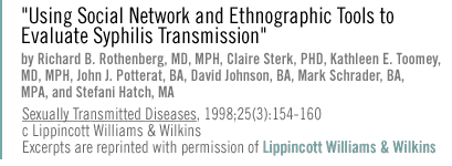 Using Social Network and Ethnographic Tools to Evaluate Syphilis Transmission: Richard B. Rothenberg, MD, MPH,* Claire Sterk, PHD, Kathleen E. Toomey, MD, MPH, John J. Potterat, BA, David Johnson, BA, Mark Schrader, BA, MPA, and Stefani Hatch, MA Published in Sexually Transmitted Disease, March 1998 reprinted with permission