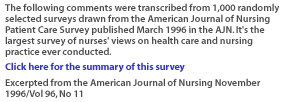 The following comments were transcribed from 1,000 randomly selected surveys drawn from the American Journal of Nursing Patient Care Survey published March 1996 in the AJN.  It's the largest survey of nurses' views on health care and nursing practice ever conducted.] (And click here for the summary of this survey) [Excerpted from the American Journal of Nursing, November 1996/Vol. 96, No. 11]