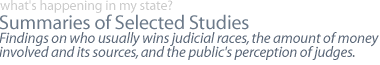 SUMMARIES OF SELECTED STUDIES: Findings on who usually wins judicial races, the amount of money involved and its sources, and the public's perception of judges.