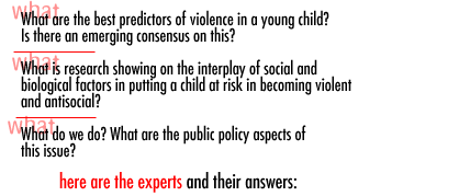 What are the best predictors of violence in a young child?  Is there an emerging consensus on this?  What is research showing on the interplay of social and biological factors in putting a child at risk in becoming violent and antisocial?  What do we do?  What are the public policy aspects of this issue? 