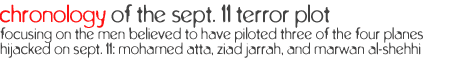 Chronology of the Sept. 11 Terror Plot | Focusing on the men believed to have piloted three of the four planes hijacked on Sept. 11: Mohamed Atta, Ziad Jarrah, and Marwan al-Shehhi