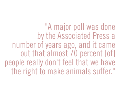 A major poll was done by the Associated Press a number of years ago, and it came out that almost 70 percent [of] people really don't feel that we have the right to make animals suffer.