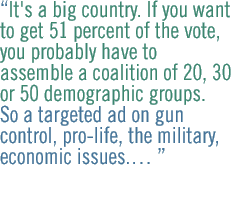 It's a big country. If you want to get 51 percent of the vote, you probably have to assemble a coalition of 20, 30 or 50 demographic groups. So a targeted ad on gun control, pro-life, the military, economic issues.  