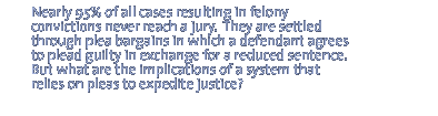 Nearly 95% of all cases resulting in felony convictions never reach a jury.  They are  settled through plea bargains in which a defendant agrees to plead guilty in exchange for a reduced sentence. But what are the implications of a system that relies on pleas to expedite justice?