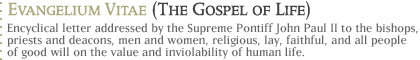 evangelium vitae (the gospel of life)...ENCYCLICAL LETTER, EVANGELIUM VITAE, ADDRESSED BY THE SUPREME PONTIFF JOHN PAUL II TO THE BISHOPS, PRIESTS AND DEACONS, MEN AND WOMEN, RELIGIOUS, LAY, FAITHFUL, AND ALL PEOPLE OF GOOD WILL ON THE VALUE AND INVIOLABILITY OFHUMAN LIFE