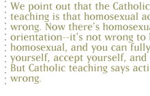 We point out that the Catholic teaching is that homosexual activity is wrong. Now there's homosexual orientation--it's not wrong to be a homosexual, and you can fully love yourself, accept yourself, and so on. But Catholic teaching says activity is wrong. 