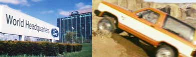 photo of ford headquarters and a bronco ii ad