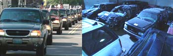 photo of a convoy of suvs and an suv graveyard