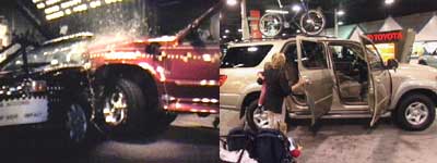 photo of an suv crash test and a family looking at a truck