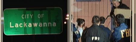 photo of a lackawanna road sign and fbi agents taking evidence from a house