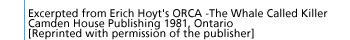 Excerpted from Erich Hoyt's ORCA -The Whale Called Killer Camden House Publishing 1981, Ontario [Reprinted with permission of the publisher]