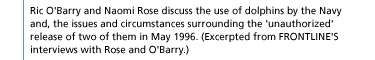 Ric O'Barry and Naomi Rose discuss the use of dolphins by the Navy and, the issues and circumstances surrounding the 'unauthorized'  release of two of them in May 1996. (Excerpted from FRONTLINE'S interviews with Rose and O'Barry.)