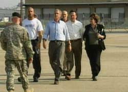 photo of president bush with mayor nagin, governor blanco, secretary chertoff, and director brown